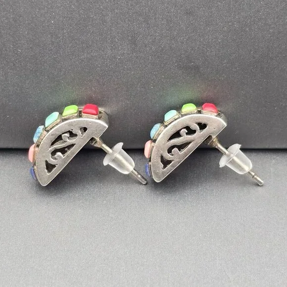VTG Sterling Silver Multi Gemstone Earrings 5/8"x1/4" Filigree Accents Signed HS - Picture 2 of 9